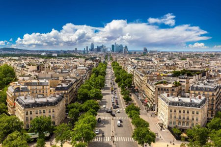 Photo for Panoramic aerial view of Paris and The Avenue Charles de Gaulle and business district of La Defence from Arc de Triomphe, France - Royalty Free Image