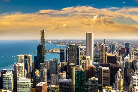 Photo for Panoramic aerial cityscape of Chicago and Lake Michigan at sunset, Illinois, USA - Royalty Free Image