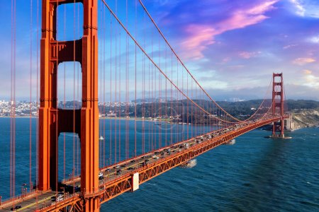 Panoramic view of Golden Gate Bridge in San Francisco at sunset, California, USA
