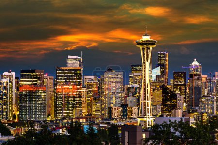 Photo for Panoramic view of Seattle cityscape  at night, Washington, USA - Royalty Free Image