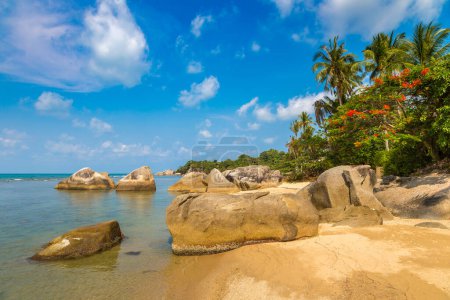 Foto de Hermosa playa tropical rocosa en un día de verano - Imagen libre de derechos
