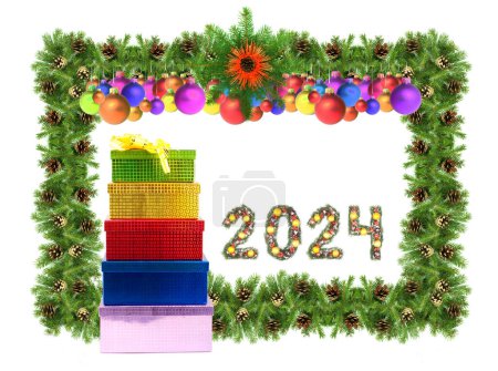Photo for Christmas tree framework and 2024 number made by christmas tree branches isolated on white background - Royalty Free Image