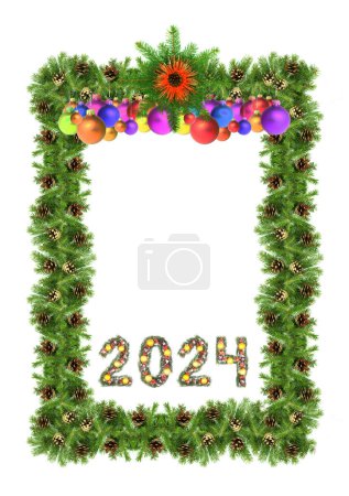 Téléchargez les photos : Arbre de Noël cadre et 2024 nombre fait par branches de sapin de Noël isolé sur fond blanc - en image libre de droit