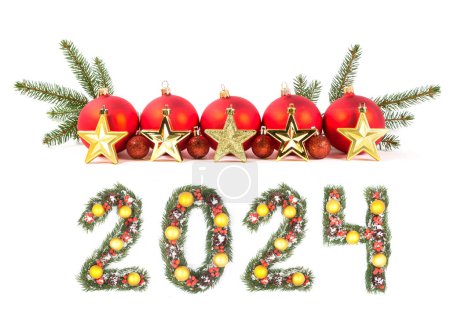 Photo for Red christmas ball and 2024 number made by christmas tree branches isolated on white background - Royalty Free Image