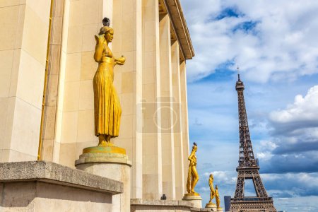 Photo for Statue on Trocadero square and Eiffel Tower in Paris in a sunny summer day, France - Royalty Free Image