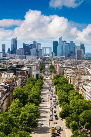 Photo for Panoramic aerial view of Paris and The Avenue Charles de Gaulle and business district of La Defence from Arc de Triomphe, France - Royalty Free Image