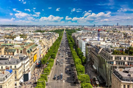 Téléchargez les photos : Vue aérienne panoramique de Paris et de l'avenue des Champs-Elysées depuis l'Arc de Triomphe lors d'une journée d'été, France - en image libre de droit
