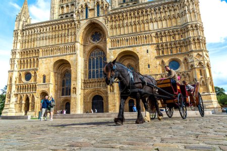 Téléchargez les photos : LINCOLN, ROYAUME-UNI - 25 SEPTEMBRE 2023 : Chariot pour chevaux et tourisme devant la cathédrale Lincoln à Lincoln, Royaume-Uni - en image libre de droit