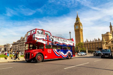 Photo for LONDON, UK - SEPTEMBER 8, 2023: Symbols of London - Big Ben and retro red double decker bus in London in a sunny day, England, UK - Royalty Free Image