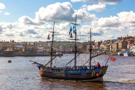 Photo for WHITBY, UK - AUGUST 8, 2023: Bark Endeavour Whitby tourist sailing ship in Whitby - Popular tourist resort in a sunny summer day, North Yorkshire, UK - Royalty Free Image
