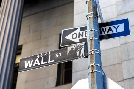 Photo for Wall street sign and One way sign in New York City, NY, USA - Royalty Free Image