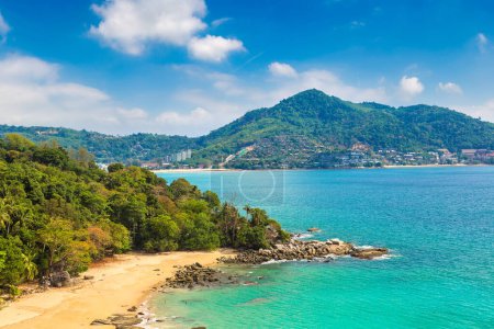 Panoramic aerial view of Laem Sing beach on Phuket island, Thailand in a sunny day