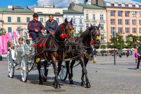 Photo for KRAKOW, POLAND - SEPTEMBER 9, 2022: Horse carriages on the main square in Krakow, Poland - Royalty Free Image