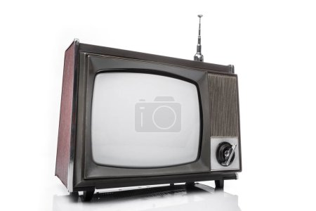Foto de Televisor analógico retro portátil en blanco y negro con antena. Vista lateral izquierda sobre fondo blanco. - Imagen libre de derechos