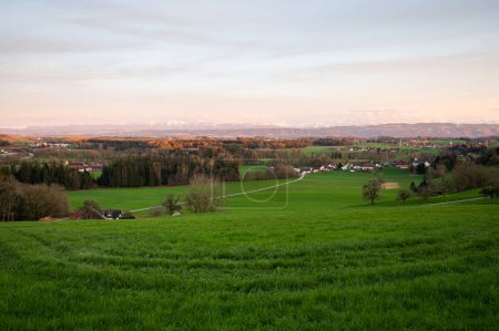 Téléchargez les photos : Petit village allemand entouré de beaux champs verts - en image libre de droit