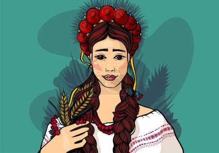 Illustration for Ukrainian young girl in a national costume and headdress, a wreath, wheat spikelets and rowan twigs in hands, vector - Royalty Free Image