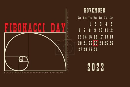 Téléchargez les illustrations : Page du calendrier avec une grille de calendrier par dates pour un événement de vacances - Jour de Fibonacci - en licence libre de droit