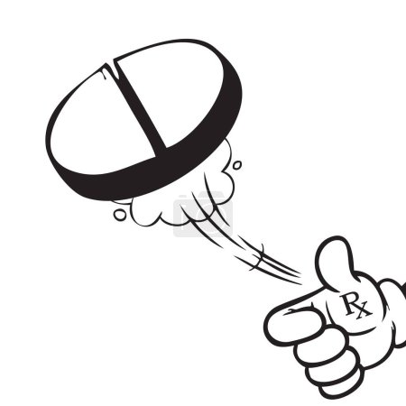 Ilustración de A tablet flying from the hand of a pharmacist. Vector illustration. - Imagen libre de derechos
