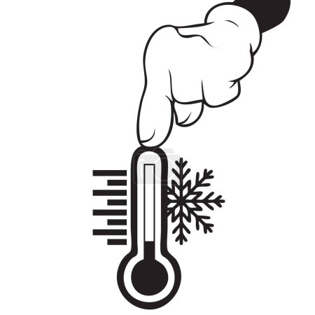 Téléchargez les illustrations : The finger points to a thermometer with a low temperature in winter. - en licence libre de droit