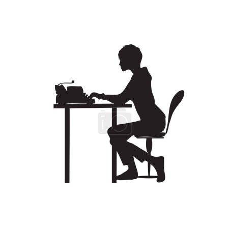 Téléchargez les illustrations : Une jeune fille tape sur une machine à écrire. Illustration vectorielle - en licence libre de droit
