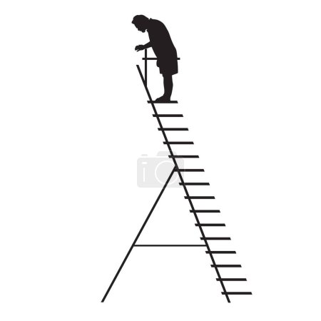 Illustration for A scientist on a high ladder peers down. Vector illustration. - Royalty Free Image