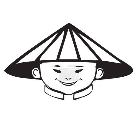 Ilustración de La cara de un joven chino sonriente con un sombrero de paja de arroz chino tradicional. - Imagen libre de derechos