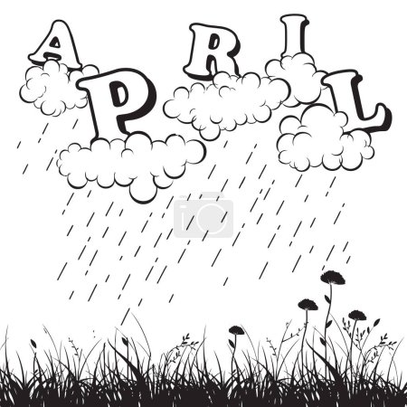 Illustrazione per Illustrazione vettoriale per la primavera Aprile pioggia da piccole nuvole sul prato. - Immagini Royalty Free