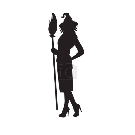 Witch in a witch hat with a broom. Vector illustration