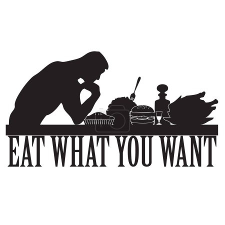 Téléchargez les illustrations : Illustration vectorielle sur le thème Mangez ce que vous voulez avec un homme à table avec de la nourriture. - en licence libre de droit