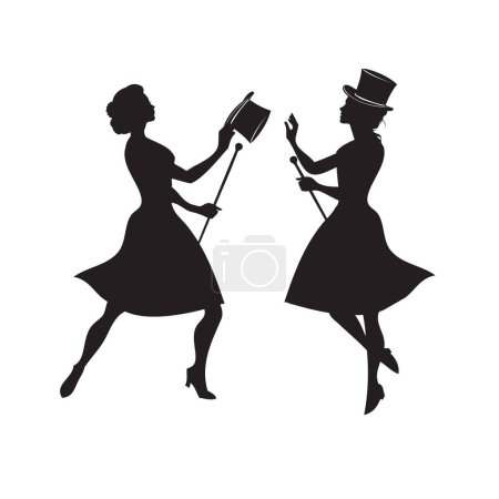 Illustration for Two women with top hats and a cane dancing tap dance - Royalty Free Image