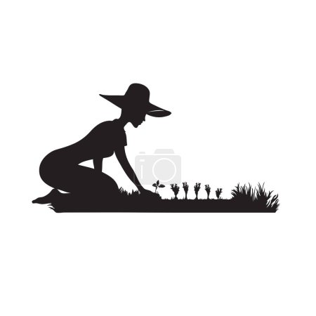 Illustration for A girl in a straw hat works in the garden. Planting autumn plants in the garden. - Royalty Free Image