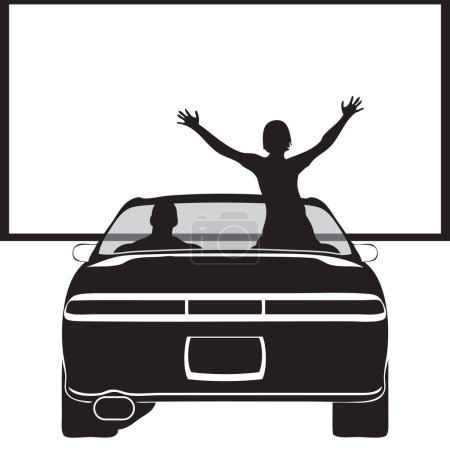 Illustration for Car in front of a large screen to watch movies from inside the car. Drive-in movie - Royalty Free Image