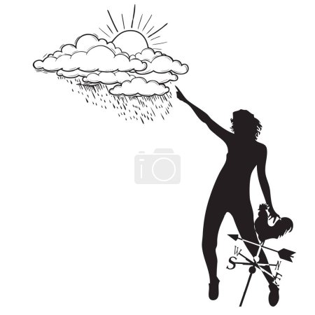 Illustration for The meteorologist predicts the weather forecast, holding a weather vane. - Royalty Free Image