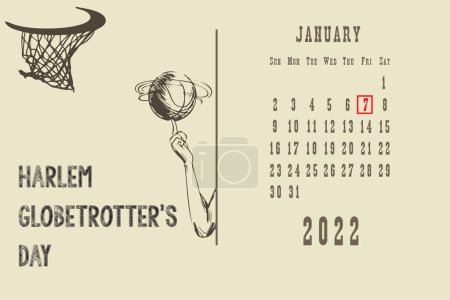 Ilustración de Página de postal estándar con fechas de calendario Enero 2022 - Harlem Globetrotter Day - Imagen libre de derechos