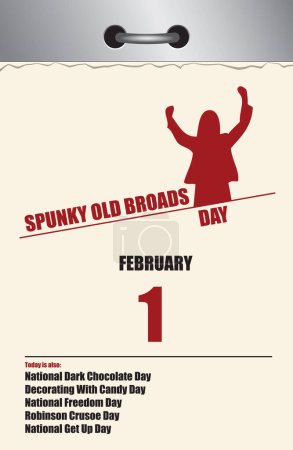 Illustration for Old style multi-page tear-off calendar for February - Spunky Old Broads Day - Royalty Free Image