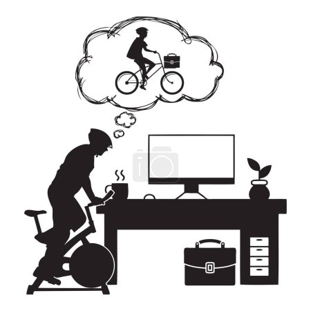 Téléchargez les illustrations : Un vélo d'appartement dans le bureau remplace le processus de vélo au travail - en licence libre de droit