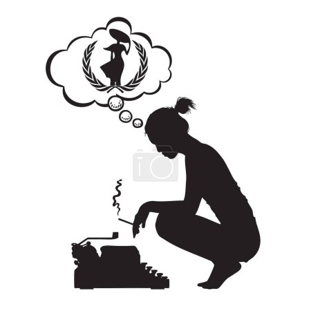 Illustration for Girl with a cigarette at a typewriter in the creative process - Royalty Free Image