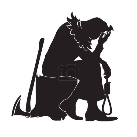Illustration for Vector illustration of a tired executioner sitting on the chopping block surrounded by his tools. - Royalty Free Image