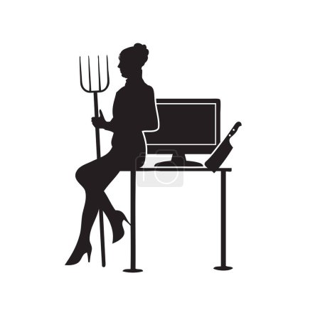 Illustration for Silhouette of a woman armed with a pitchfork - Cranky Co-Worker - Royalty Free Image