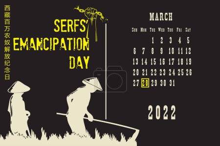 Téléchargez les illustrations : Page du calendrier avec une grille de calendrier par dates pour un événement de vacances - Serfs Jour de l'émancipation - en licence libre de droit