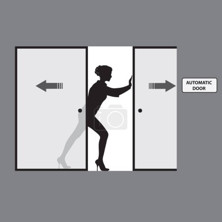 Illustration for Woman manually opens automatic sliding doors. Vector illustration. - Royalty Free Image