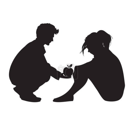 Téléchargez les illustrations : Un homme tend la main avec une pomme à une femme déprimée - en licence libre de droit