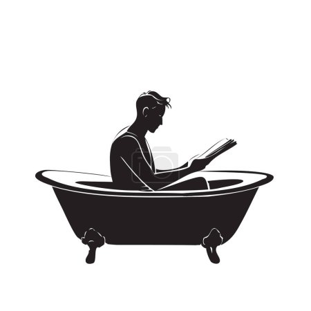 Un hombre está relajado y leyendo un libro mientras está sentado en el baño. Ilustración vectorial sin A