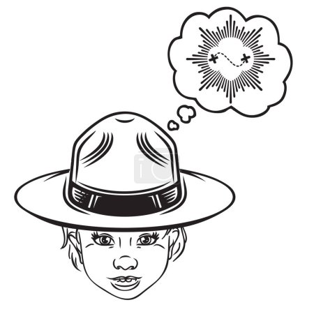 Téléchargez les illustrations : Garçon scout garçon en chapeau standard avec des pensées de récompense - en licence libre de droit