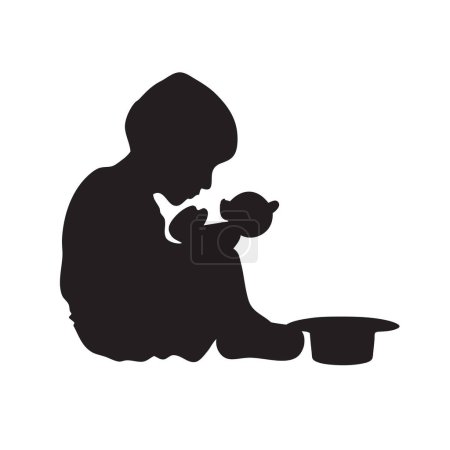 Ilustración de Silueta de un niño con un oso de juguete de rodillas mendigando - Imagen libre de derechos