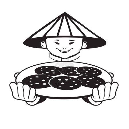Traditionelle chinesische Mandelplätzchen in runder Form auf einem runden Tablett in den Händen.