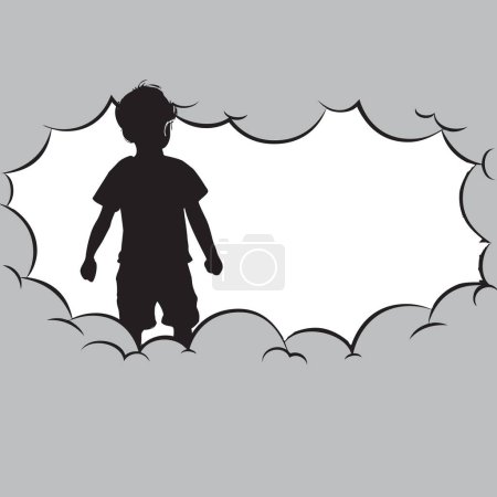 Der Junge steht eingerahmt von dicken Wolken. Handgezeichnetes Vektorbild ohne KI.