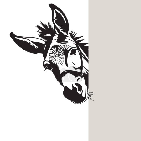 The head of a donkey peeks out from behind the barrier. Vector image drawn by hand.