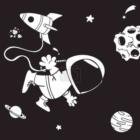 Cosmonautics vector illustration using space, astronaut and rocket