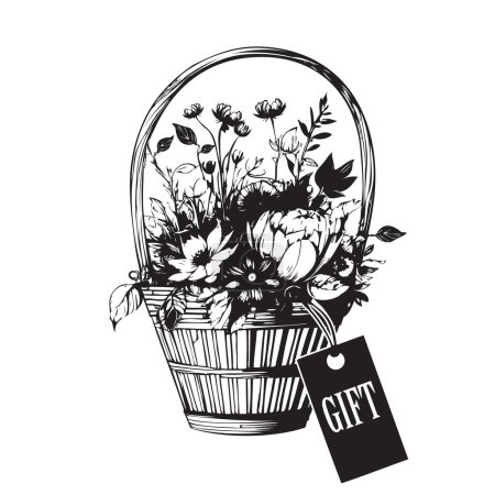 Gift basket of flowers with a tag. Vector illustration.